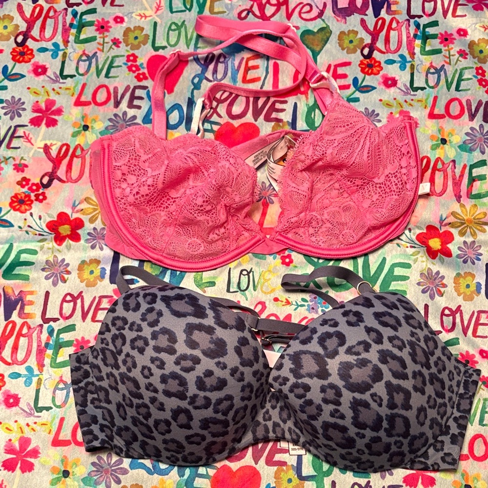 Victoria’s Secret Hot Pink Lace Bra and Gray Leopard Print Bra Set
